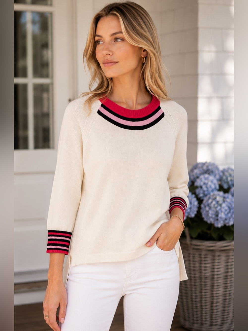 CAbi Cream Knit Sweater Pink Red Stripe Trim High Low Hem Small